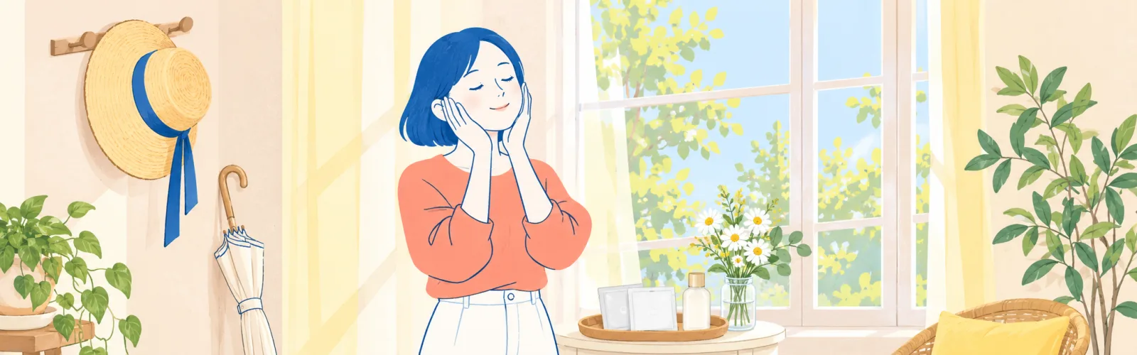 朝の窓辺で両手を頬に当ててスキンケアをする女性と、日よけの帽子や日傘のイラスト