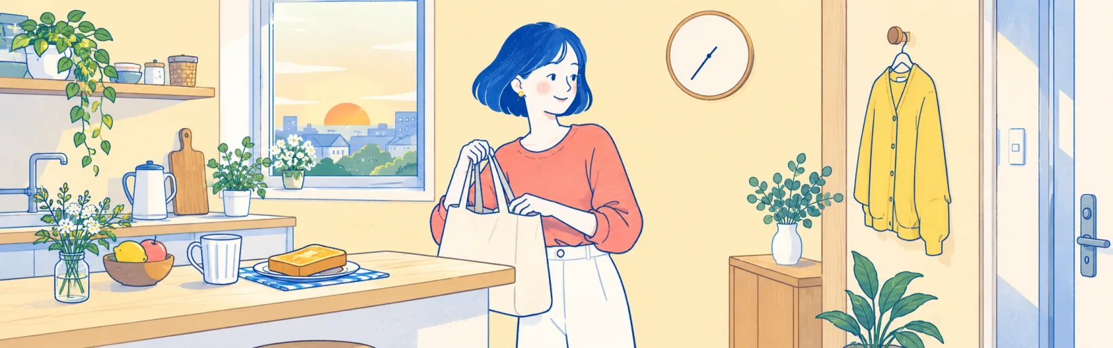 朝の身支度を整える女性と、トーストや時計、玄関のバッグのイラスト