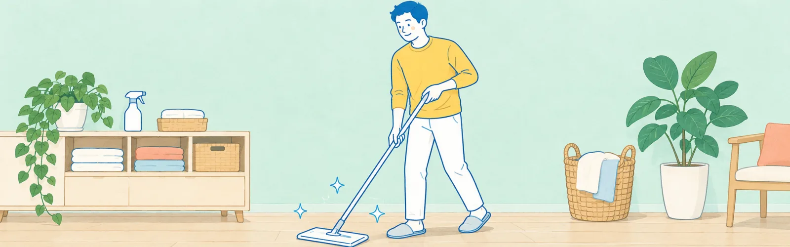 モップで床をさっと掃除する男性と、洗濯かごや掃除用品のイラスト