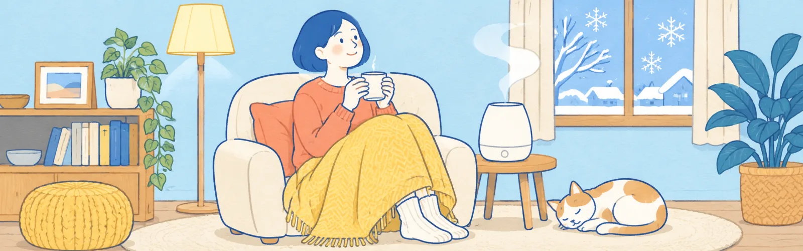 ひざ掛けでくつろぐ女性と、加湿器や冬の窓辺のイラスト